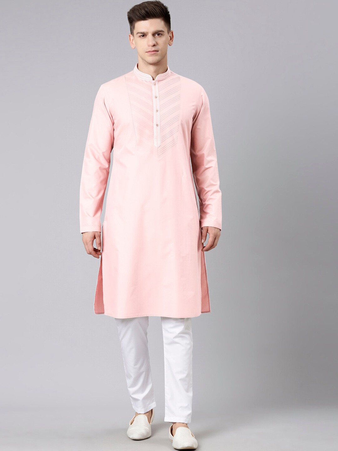 

TheEthnic.Co Self Design Mandarin Collar Pure Cotton Kurta with Trousers, Pink