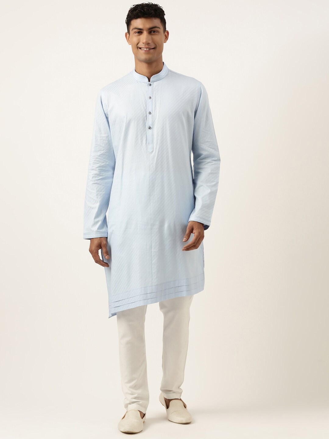 TheEthnic.Co Mandarin Collar Pure Cotton Kurta With Trousers, Blue