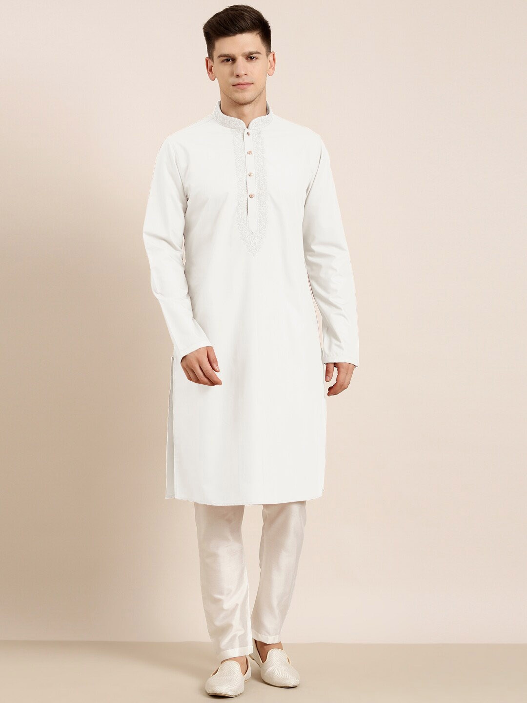 

TheEthnic.Co Floral Yoke Design Pure Cotton Straight Kurta with Trousers, Off white