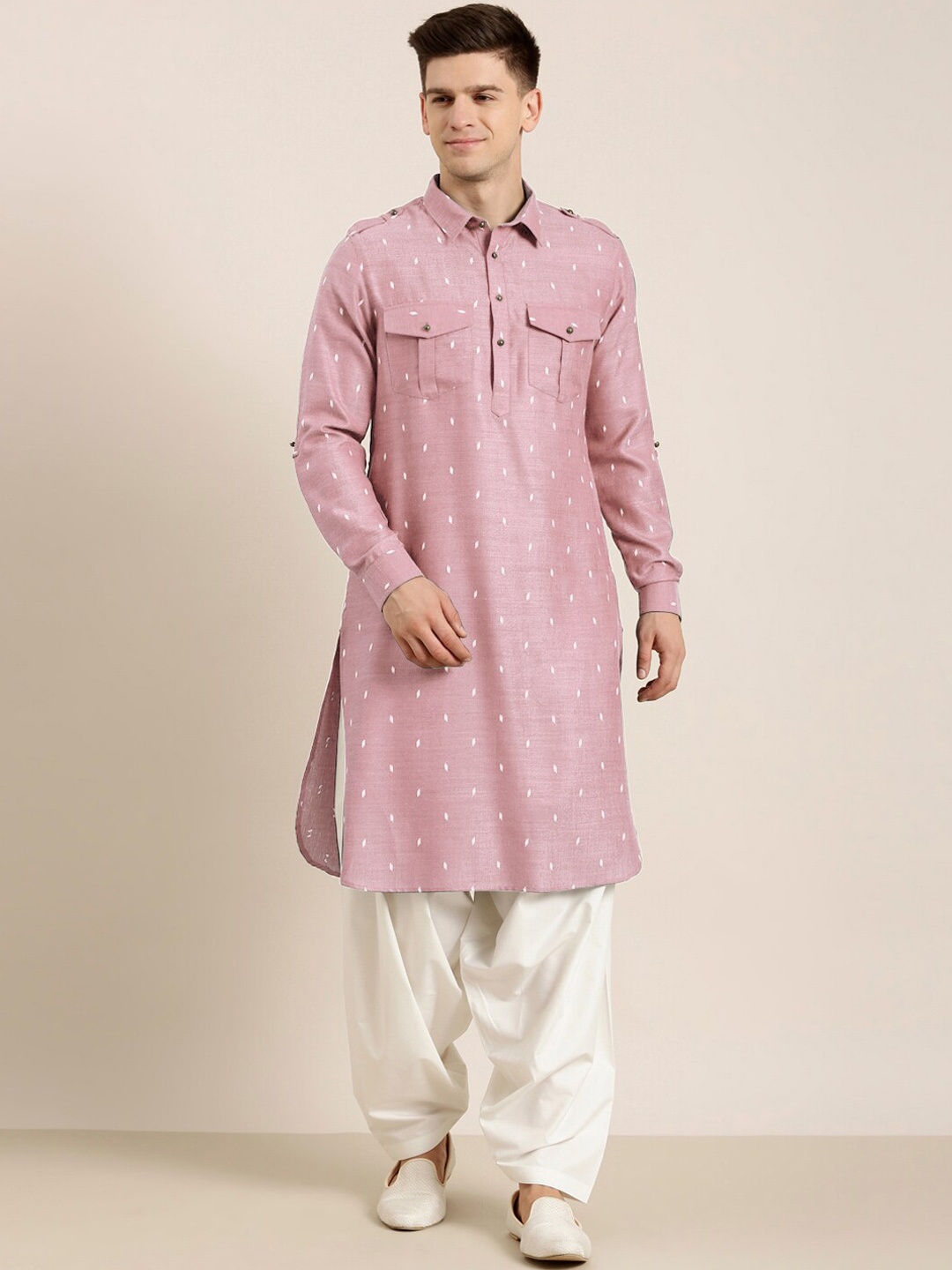 

TheEthnic.Co Geometric Woven Design Pure Cotton Pathani Kurta with Salwar, Mauve