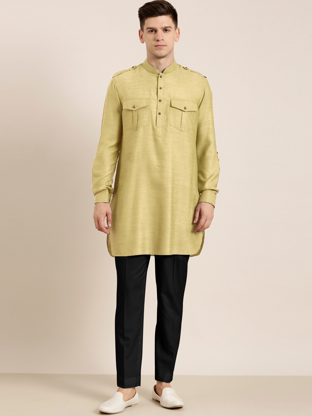

TheEthnic.Co Mandarin Collar Pathani Pure Cotton Kurta with Trousers, Beige
