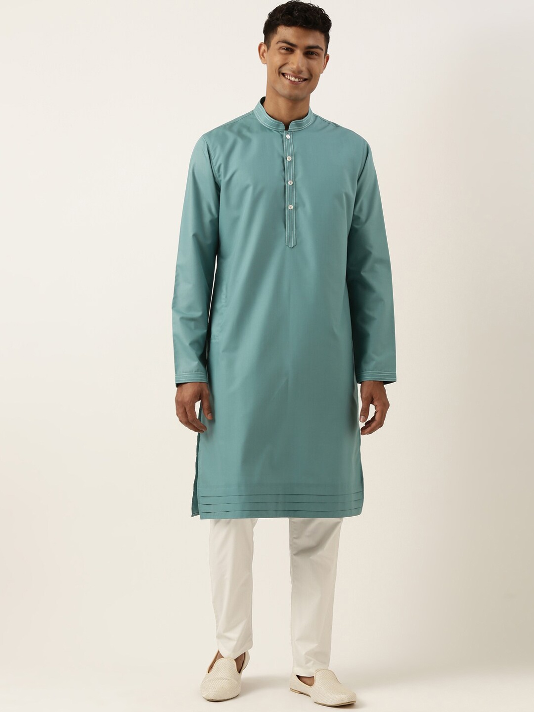 

TheEthnic.Co Mandarin Collar Regular Pure Cotton Kurta With Pyjamas, Teal