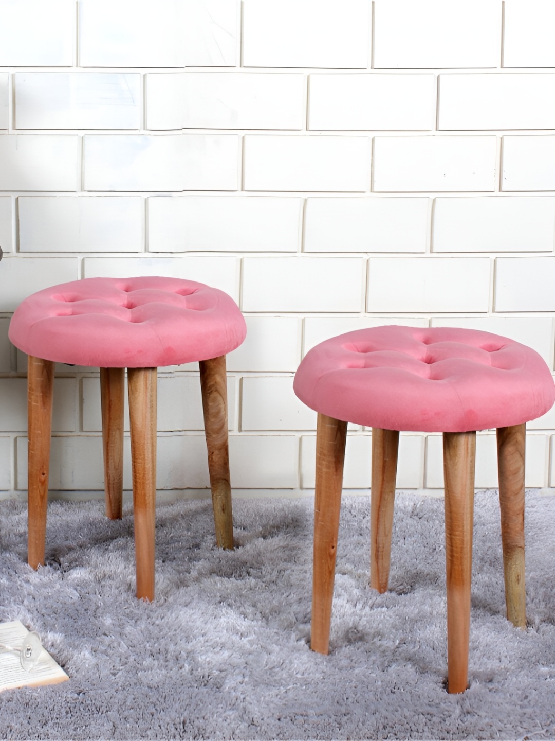 

Shadowkart 2-Pcs Pink & Beige Round Wooden Ottomans