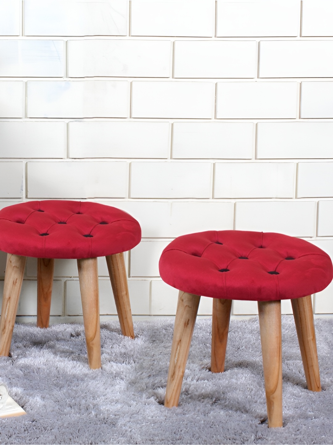 

Shadowkart 2 Pcs Maroon & Beige Velvet Round Ottomans