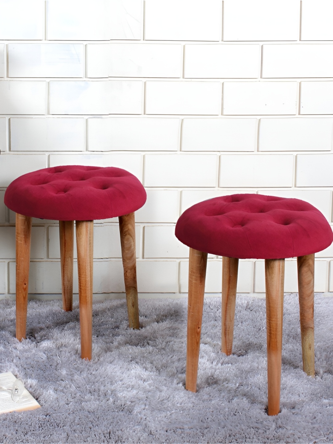 

Shadowkart 2Pcs Maroon & Beige Velvet Round Ottomans