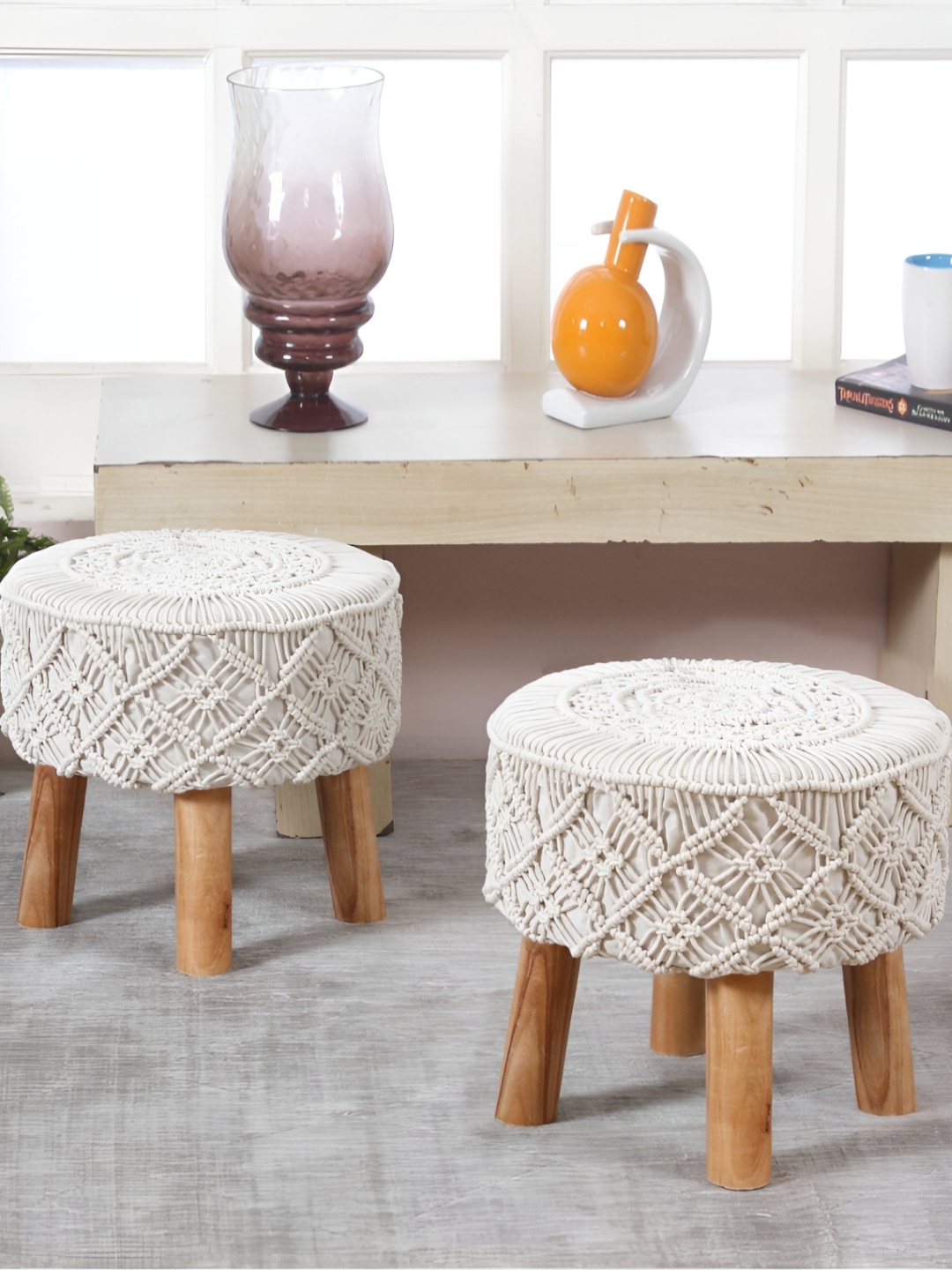 

Shadowkart 2-Pcs White & Beige Round Wooden Ottomans