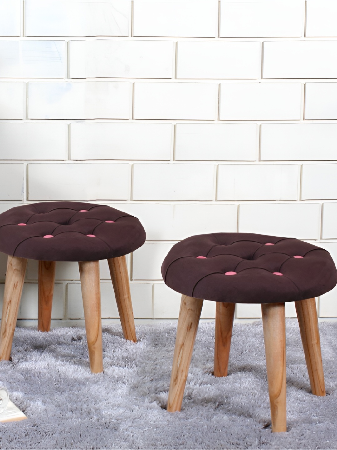 Shadowkart 2-Pcs Coffee Brown Round Wooden Ottomans