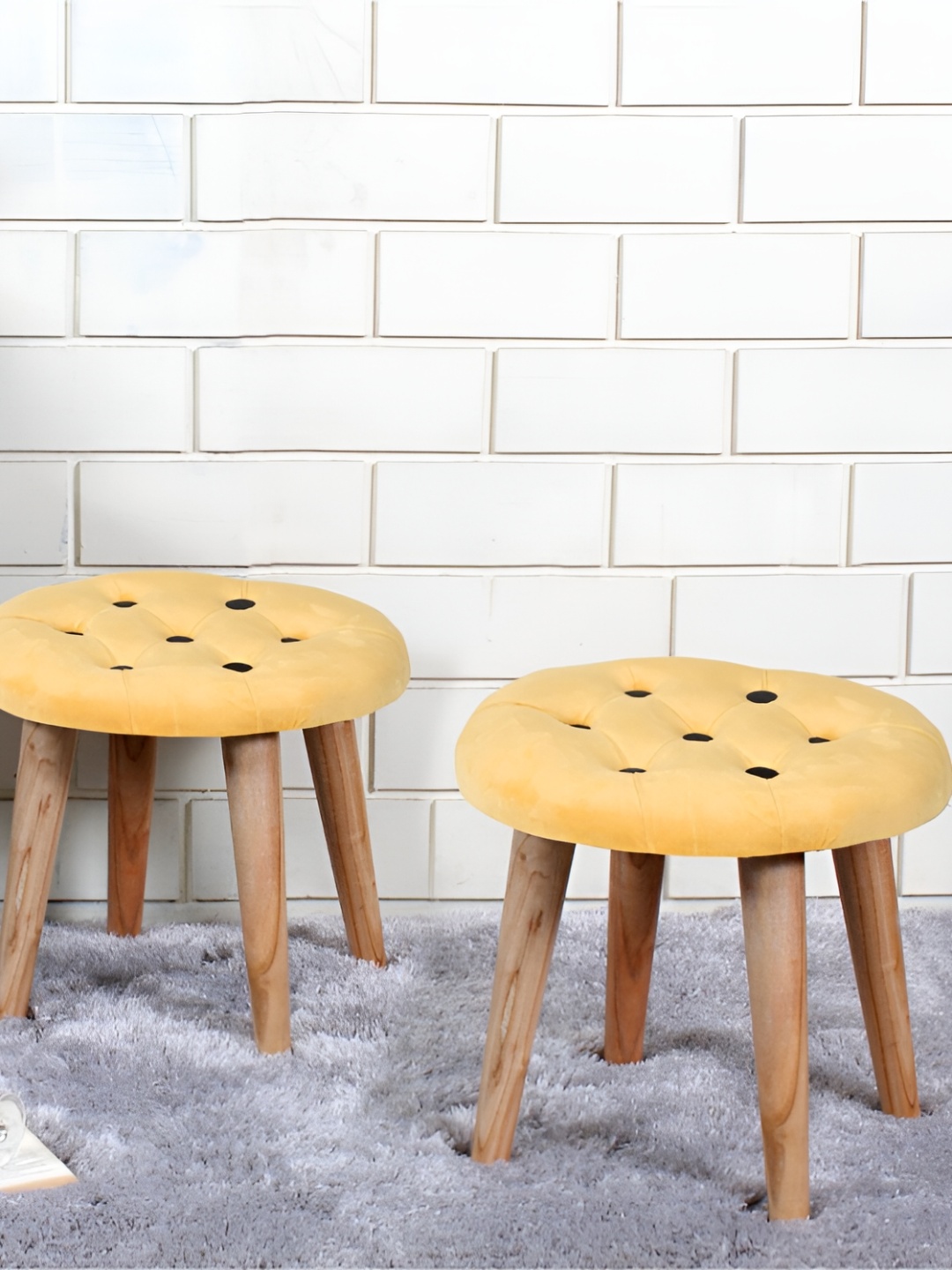 Shadowkart 2-Pcs Yellow & Beige Round Wooden Ottomans