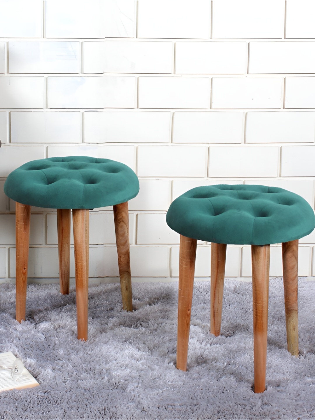 

Shadowkart 2 Pcs Sea Green & Brown Velvet Round Ottomans