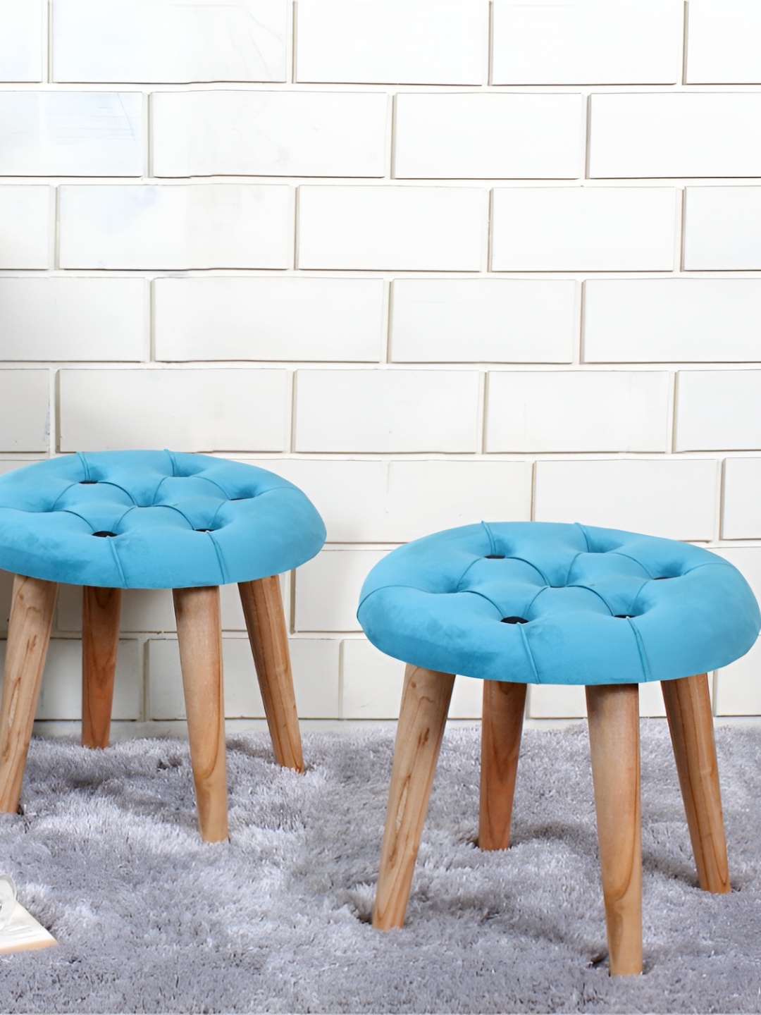 Shadowkart 2-Pcs Blue & Beige Round Wooden Ottomans