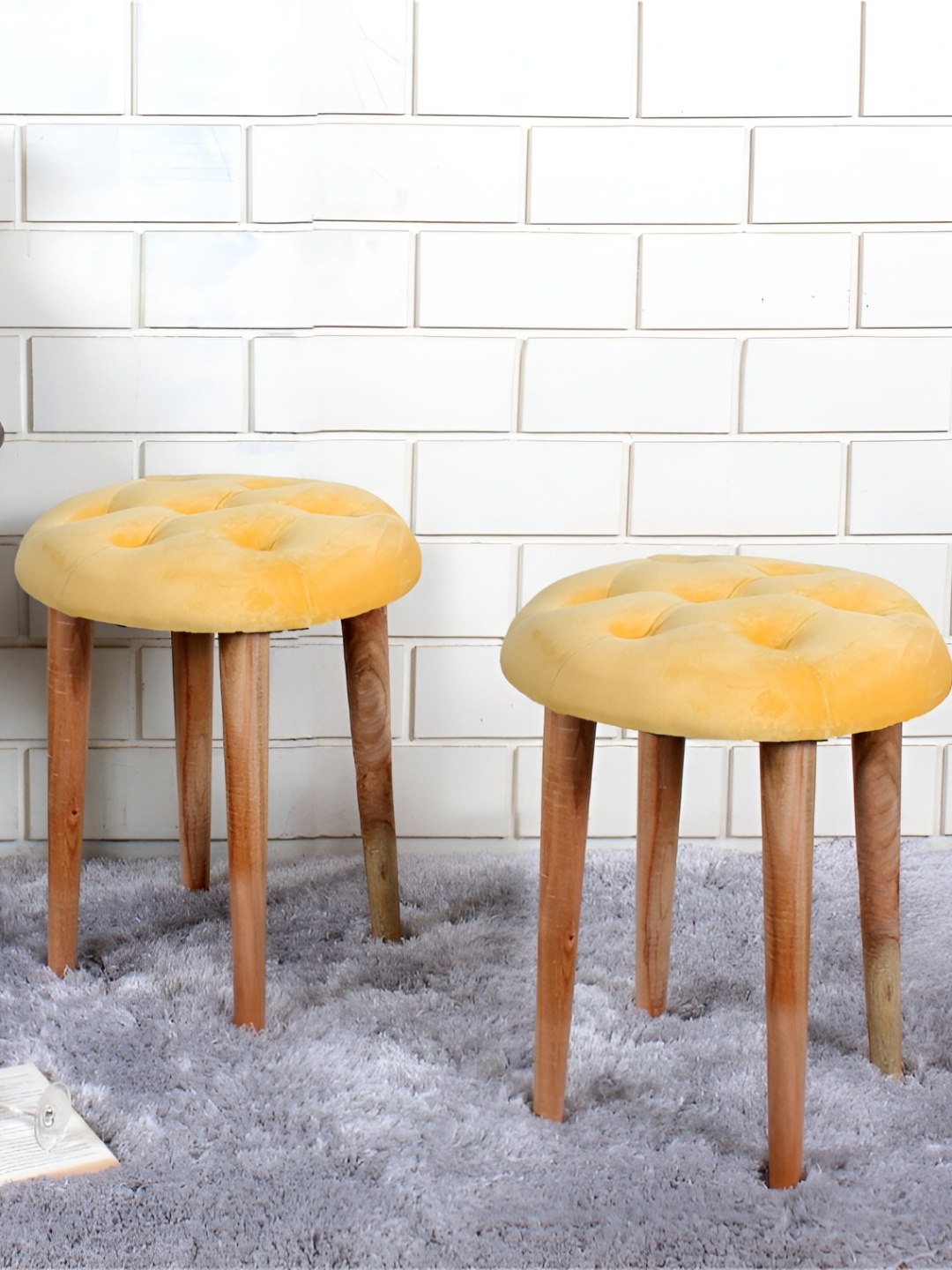 Shadowkart 2-Pcs Yellow & Beige Round Wooden Ottomans