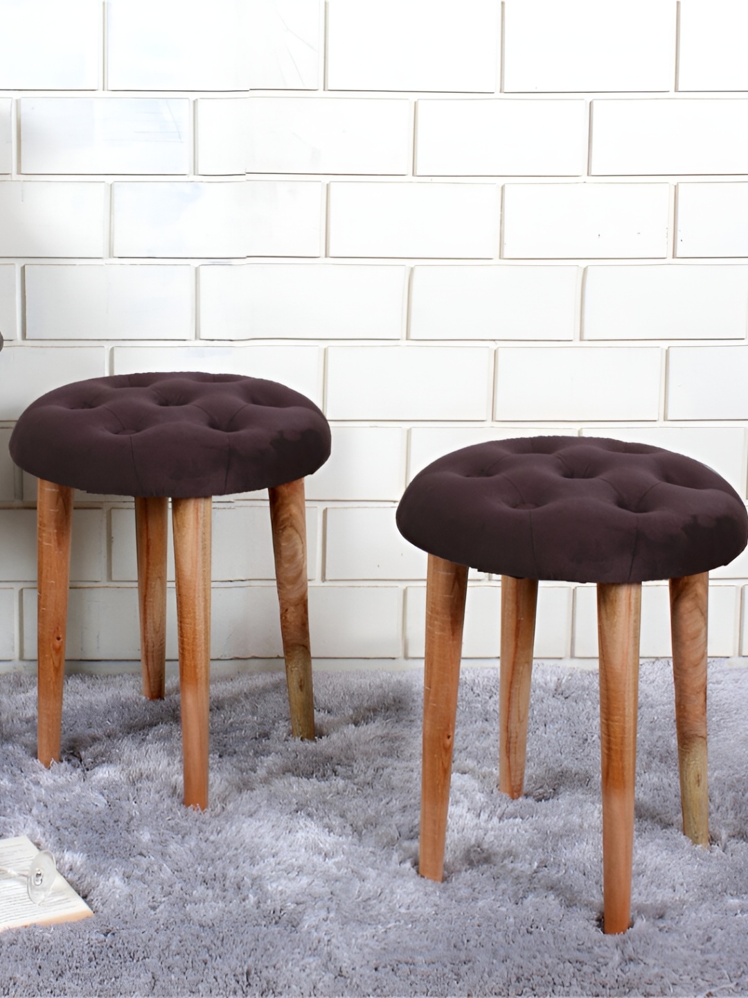 Shadowkart 2-Pcs Coffee Brown Round Wooden Ottomans