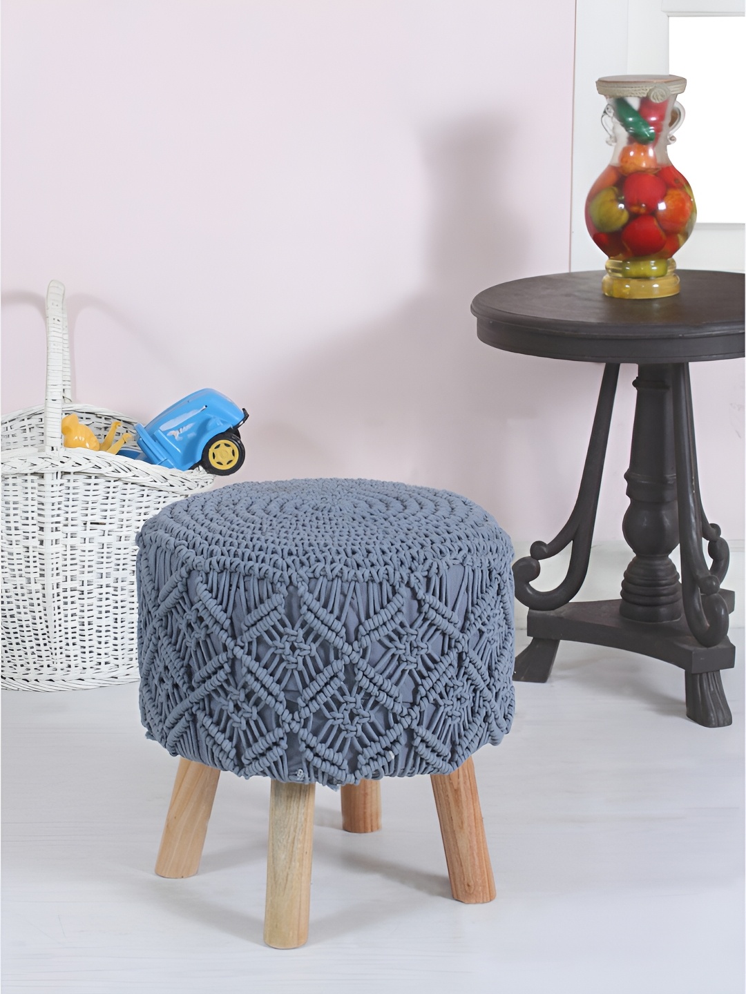 Shadowkart Grey& Beige Round Wooden Ottomans