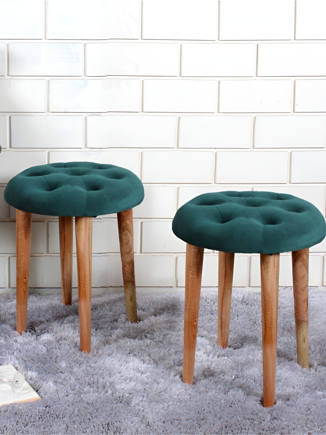 

Shadowkart 2-Pcs Green & Beige Round Wooden Ottomans