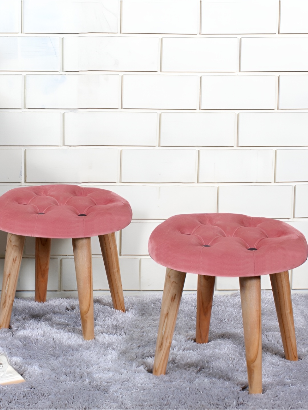 

Shadowkart 2-Pcs Pink & Beige Round Wooden Ottomans