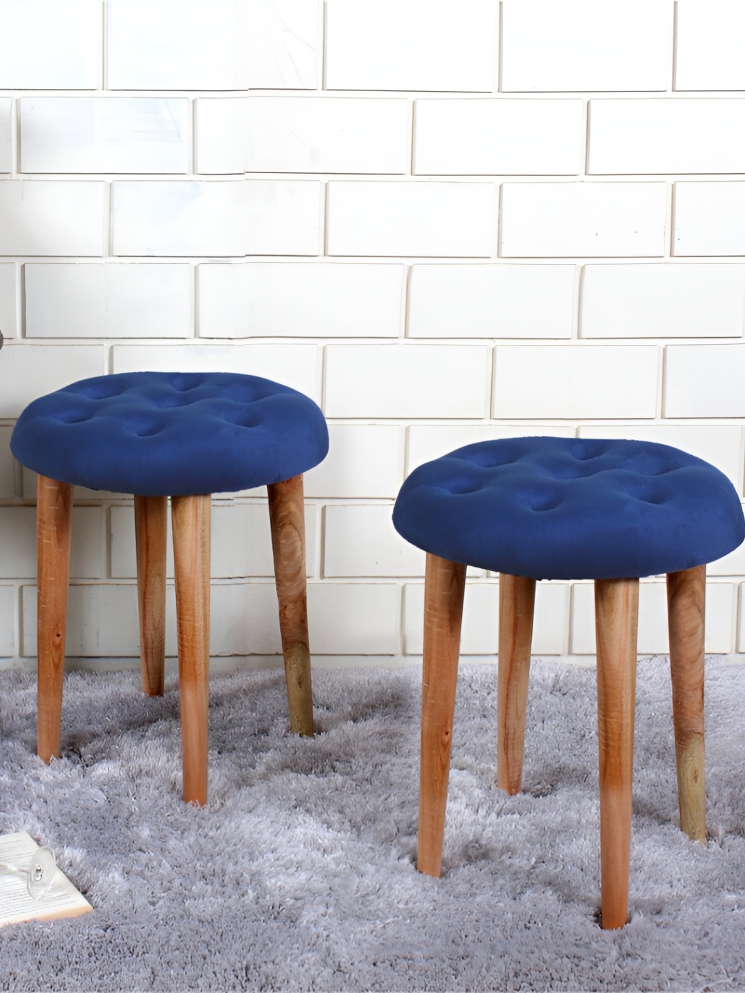 

Shadowkart 2 Pcs Blue Round Velvet Ottomans
