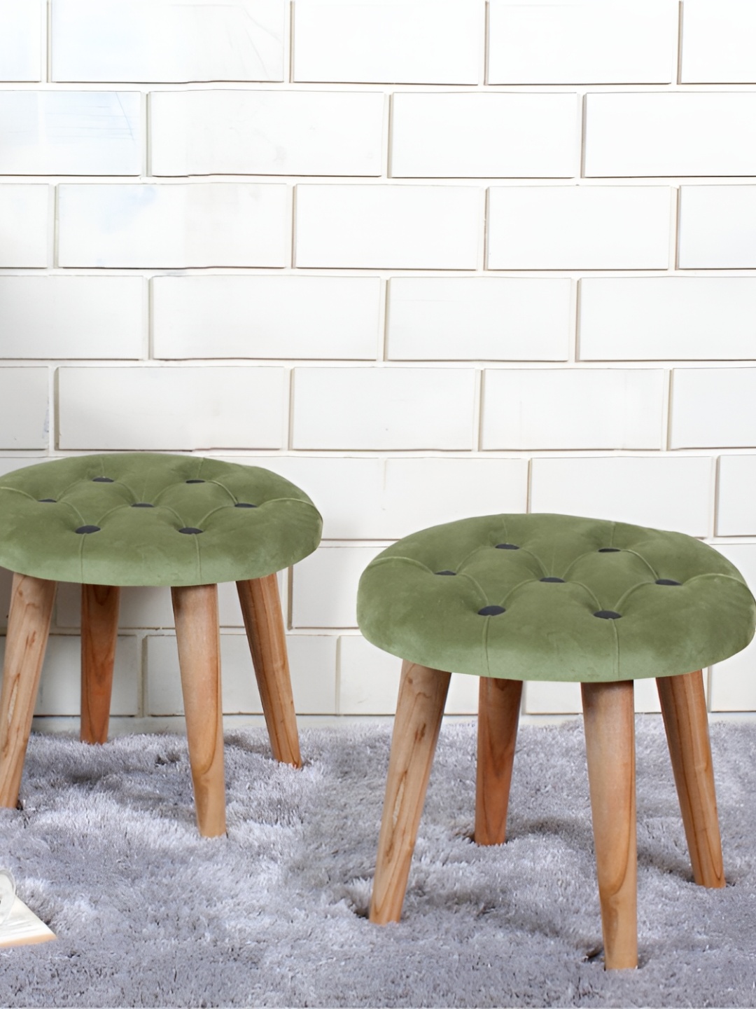 

Shadowkart 2-Pcs Green & Beige Round Wooden Ottomans