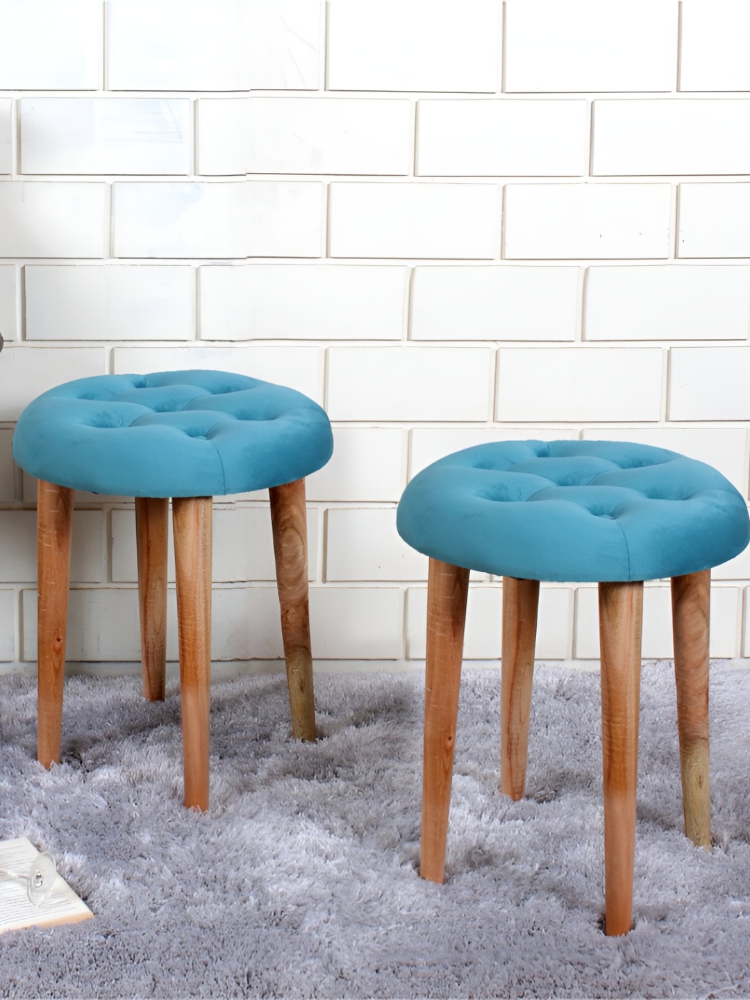 

Shadowkart 2-Pcs Blue & Beige Round Wooden Ottomans