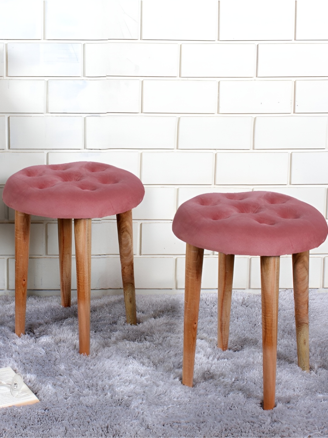 Shadowkart 2 Pcs Pink & Beige Velvet Round Ottomans