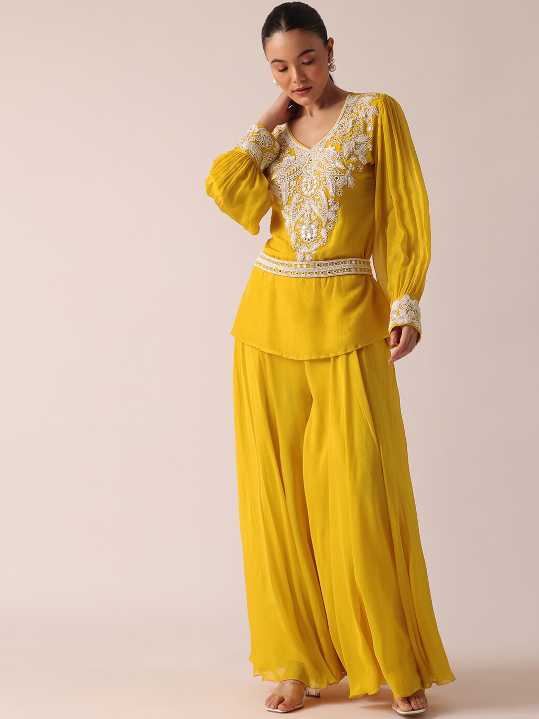 

KALKI Fashion Embroidered Long Sleeves Kurti with Palazzo, Yellow