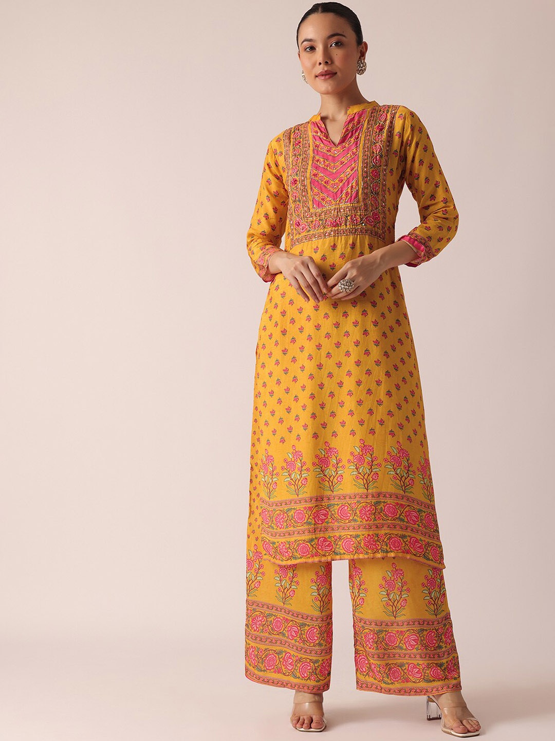 

KALKI Fashion Ethnic Motifs Printed Beads & Stones Kurta With Palazzo, Yellow