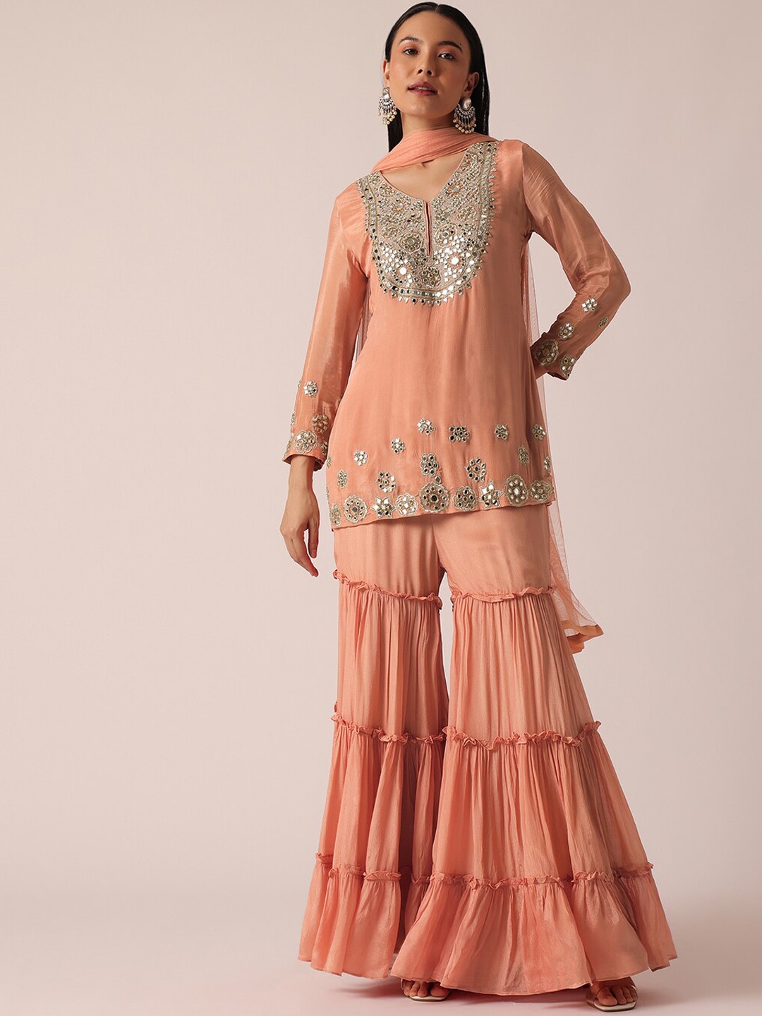 

KALKI Fashion Ethnic Motifs Embroidered Mirror Work Kurti with Sharara & With Dupatta, Peach
