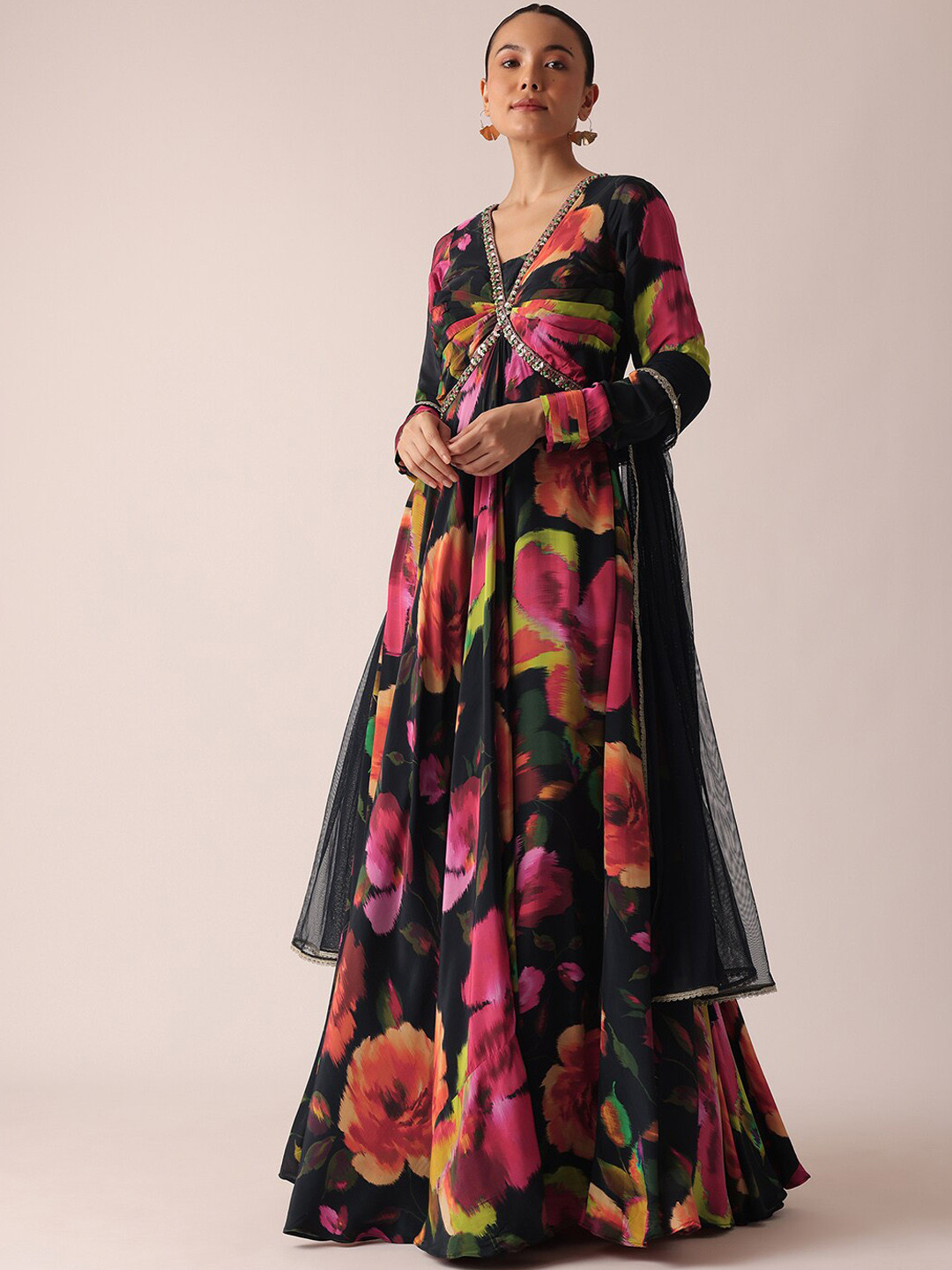 

KALKI Fashion Floral Printed Fit & Flare Ethnic Dress With Dupatta, Black