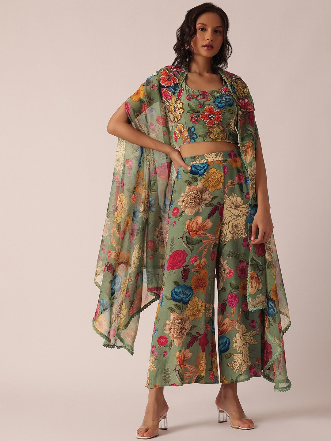 

KALKI Fashion Floral Printed Organza Jacket And Palazzo Set, Green