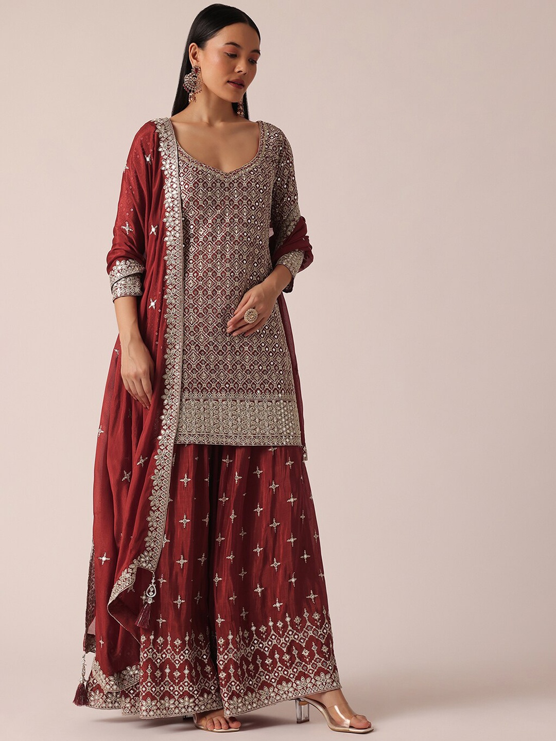 

KALKI Fashion Ethnic Motifs Embroidered Sequinned Kurti With Palazzos & Dupatta, Red