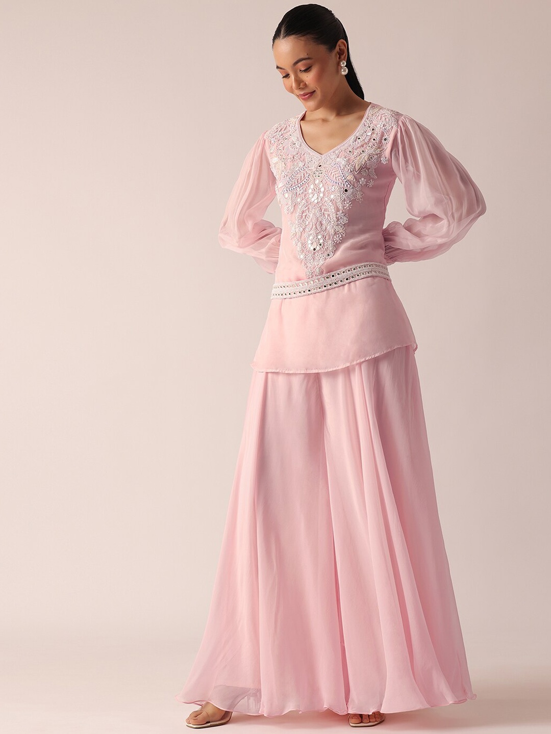 

KALKI Fashion Floral Embroidered Mirror Work Kurti with Sharara, Pink