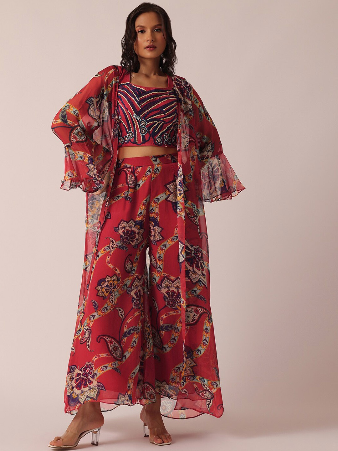 KALKI Fashion Printed Cotton Jacket And Palazzo Set With Printed Detail, Red