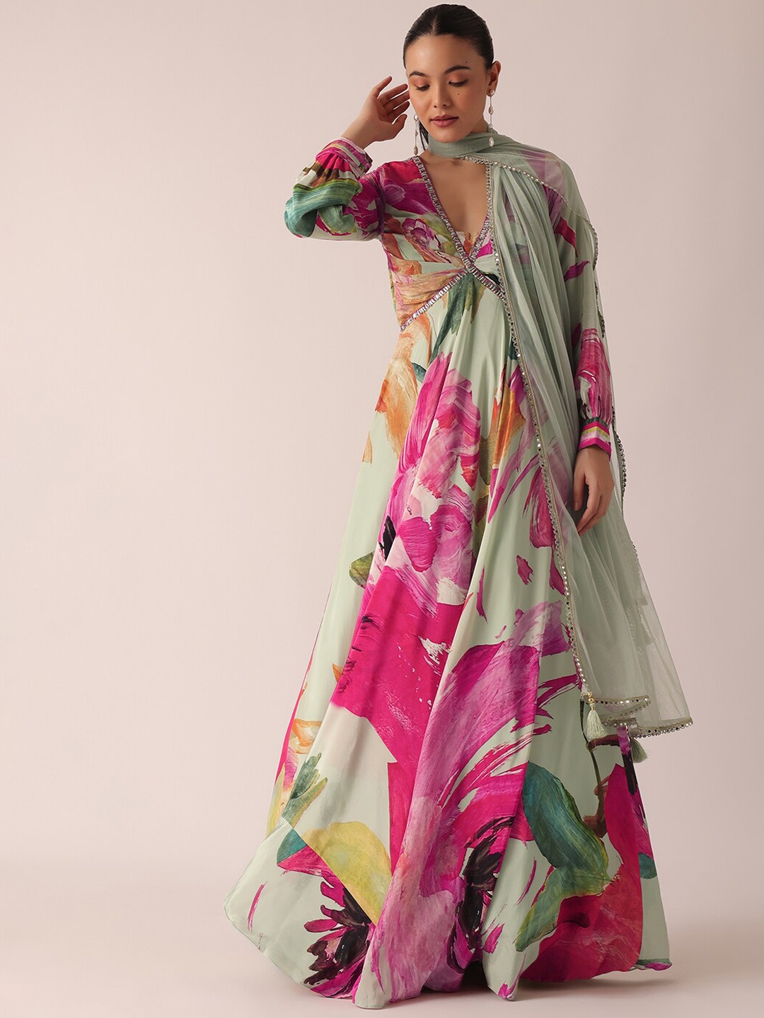 

KALKI Fashion Abstract Printed Fit & Flare Ethnic Dress With Dupatta, Green