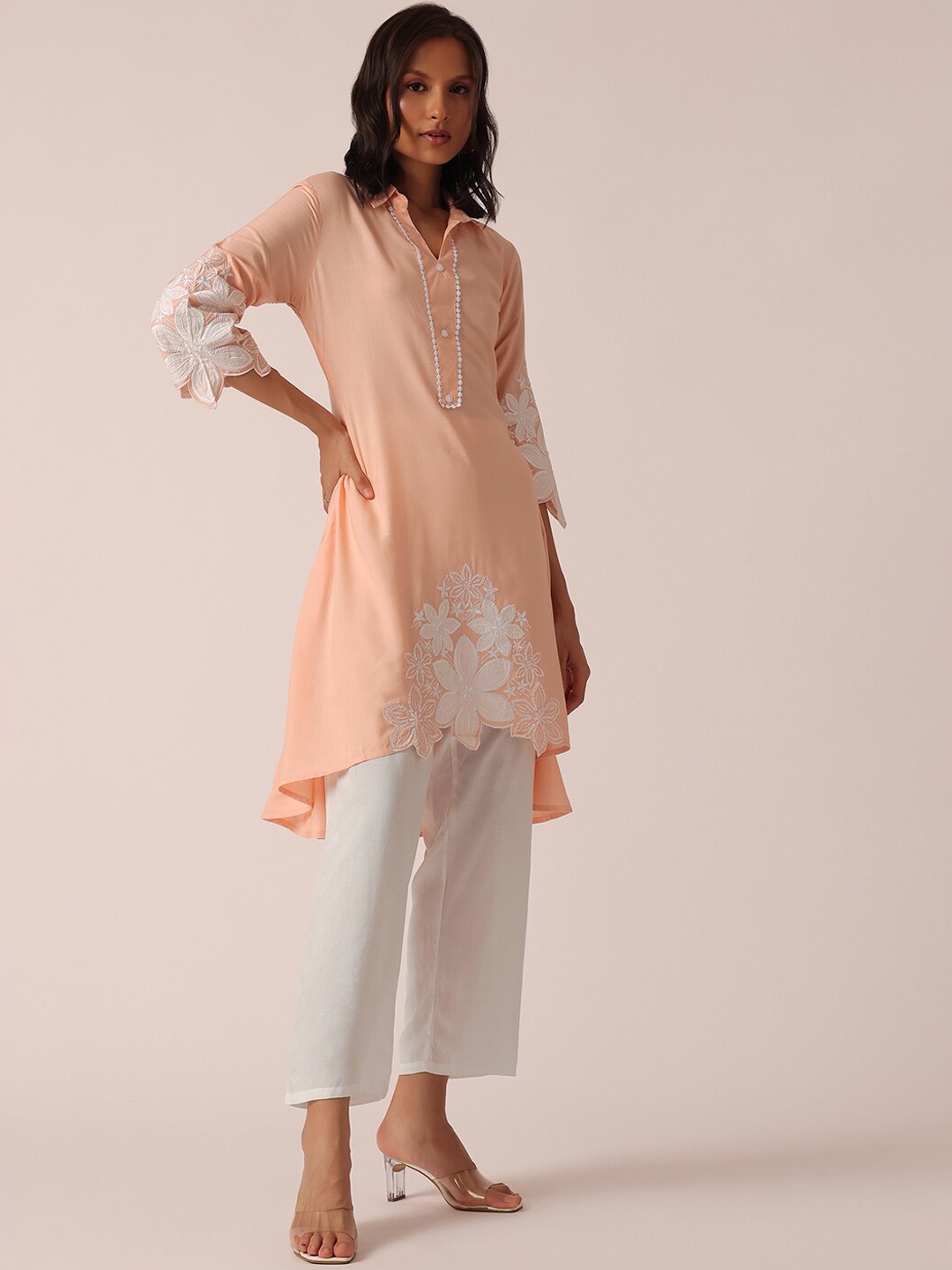 

KALKI Fashion Floral Embroidered A-Line Kurta With Trousers, Peach