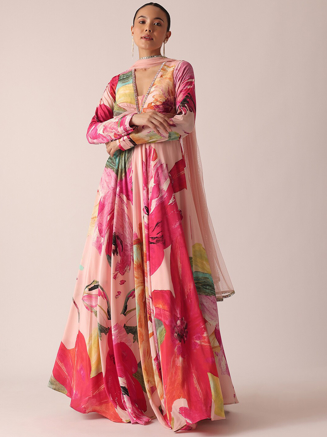 

KALKI Fashion Abstract Printed Mirror Work Fit and Flare Maxi Ethnic Dress With Dupatta, Peach