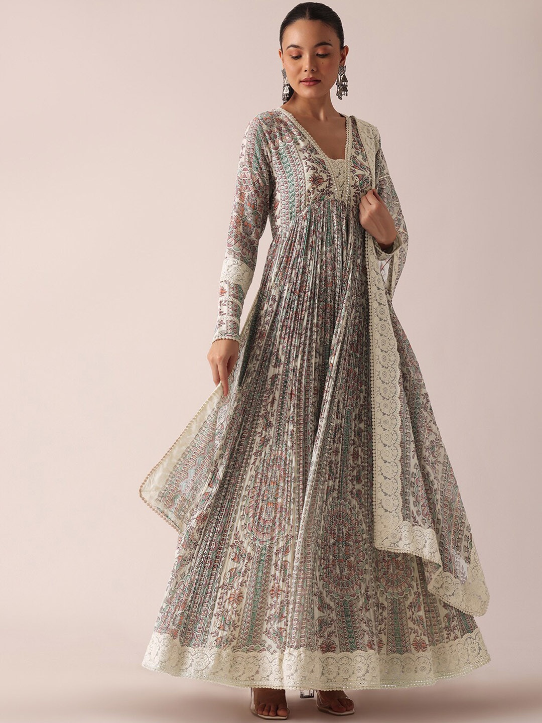 

KALKI Fashion Printed Chikankari Georgette Anarkali Kurta With Trousers & Dupatta, White