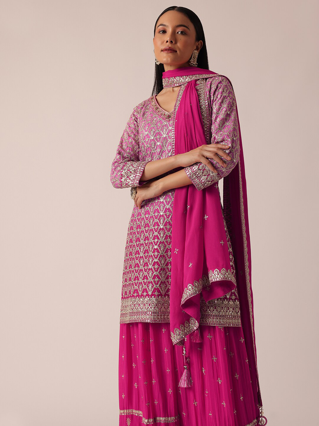 

KALKI Fashion Ethnic Motifs Embroidered Sequinned Kurti With Palazzos & Dupatta, Pink