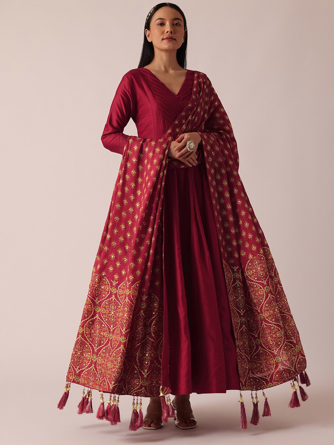

KALKI Fashion V-Neck Pure Cotton Anarkali Kurta With Trousers & Dupatta, Red