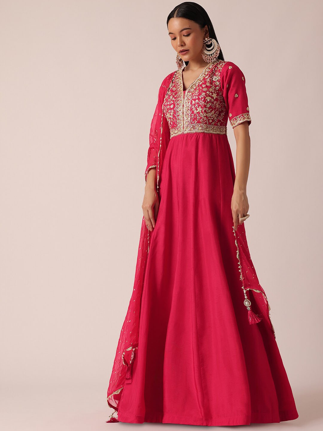 

KALKI Fashion Floral Embroidered Silk Fit & Flare Ethnic Dress With Dupatta, Pink