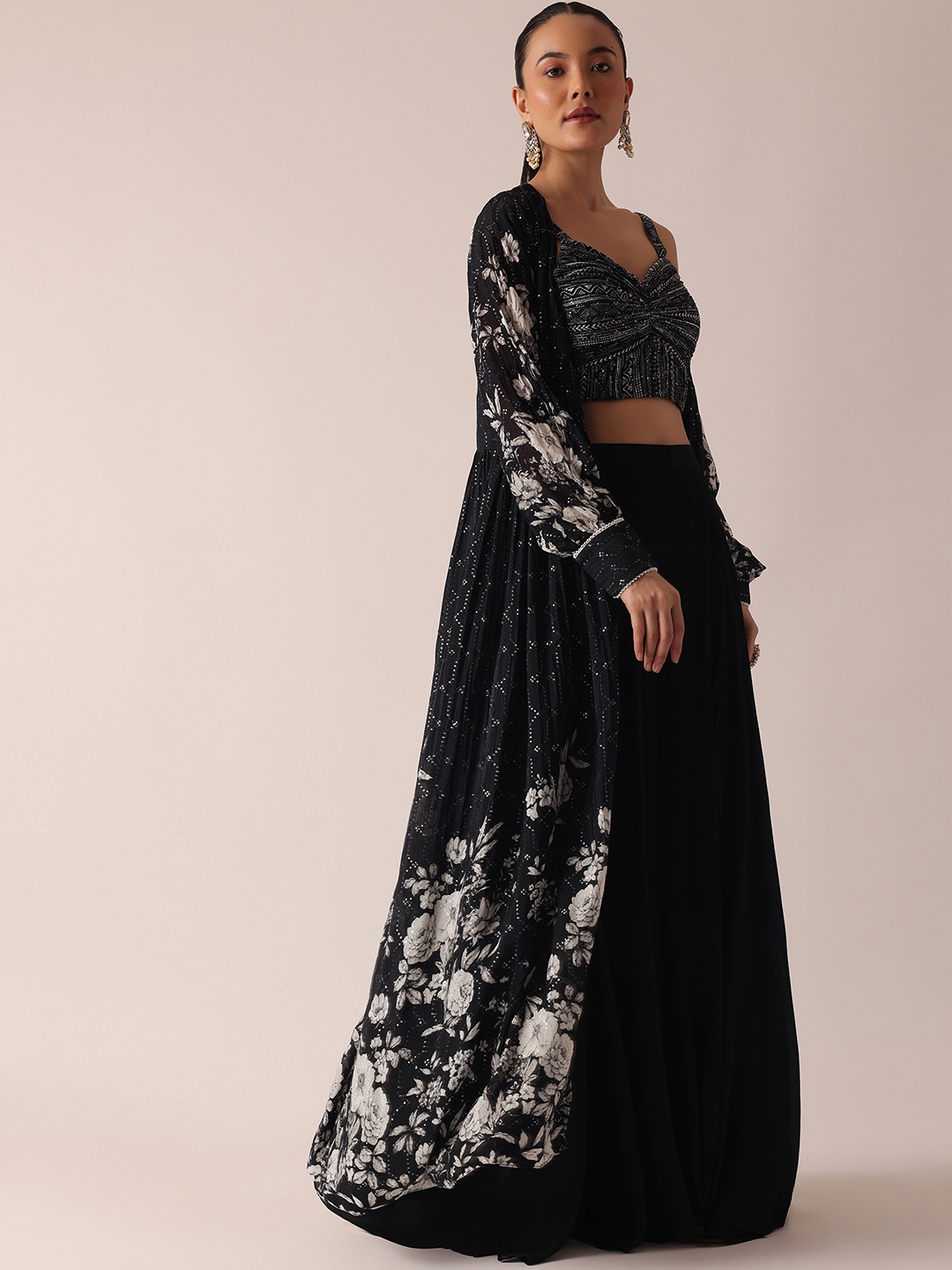 

KALKI Fashion Women Printed Top with Sharara & With Jacket, Black