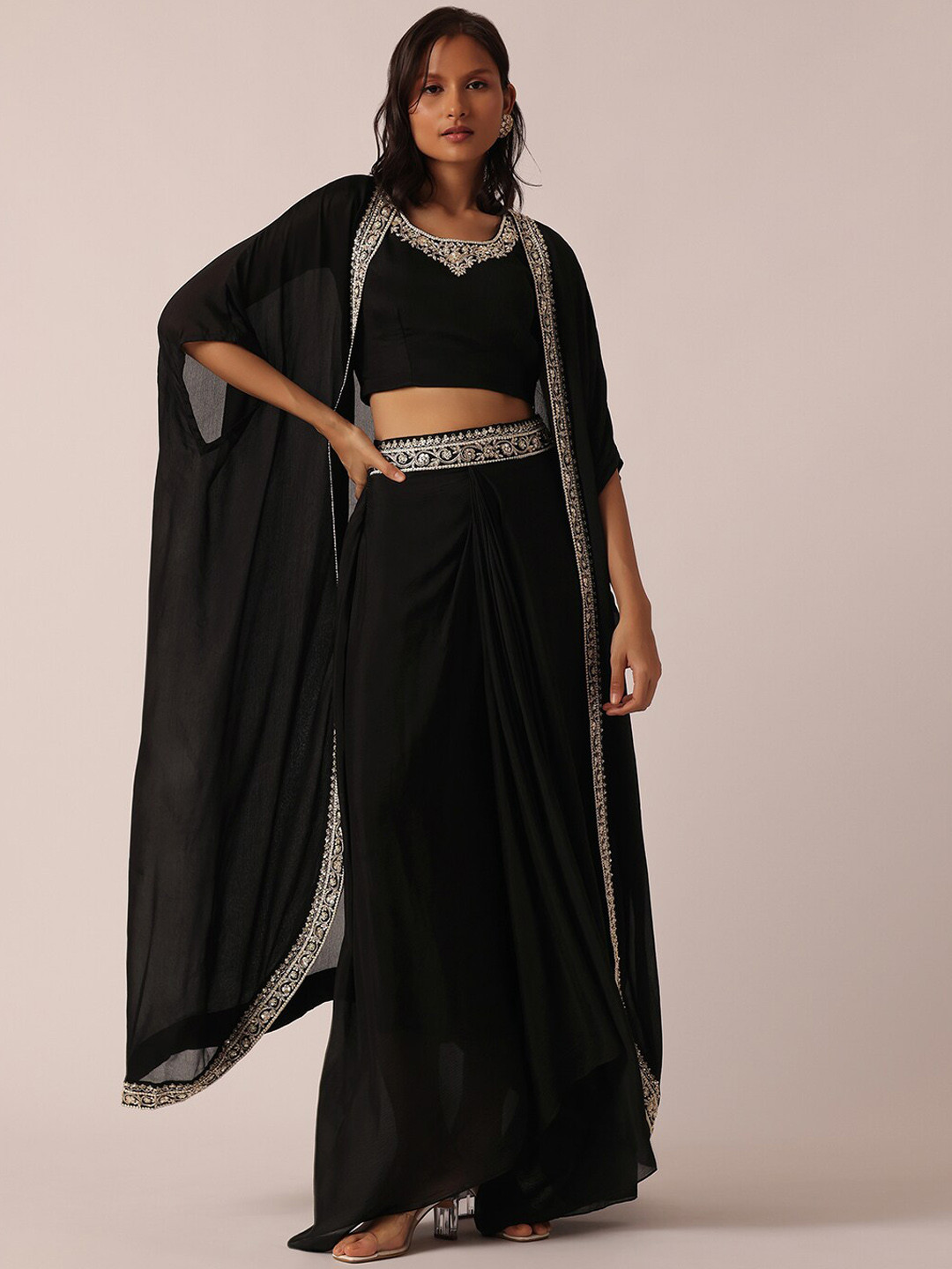 

KALKI Fashion Embellished Round Neck Crop Top With Palazzo & Shrug, Black