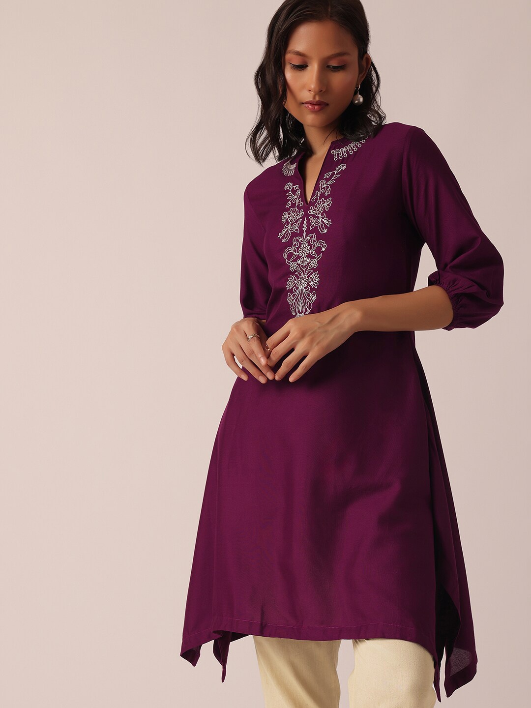 

KALKI Fashion Floral Embroidered Mandarin Collar A-Line Asymmetric Kurta With Trouser, Purple