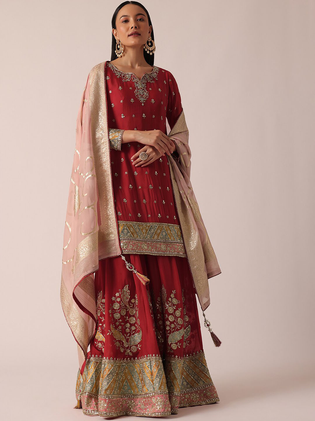 

KALKI Fashion Embroidered Kurta With Palazzo & Dupatta, Red