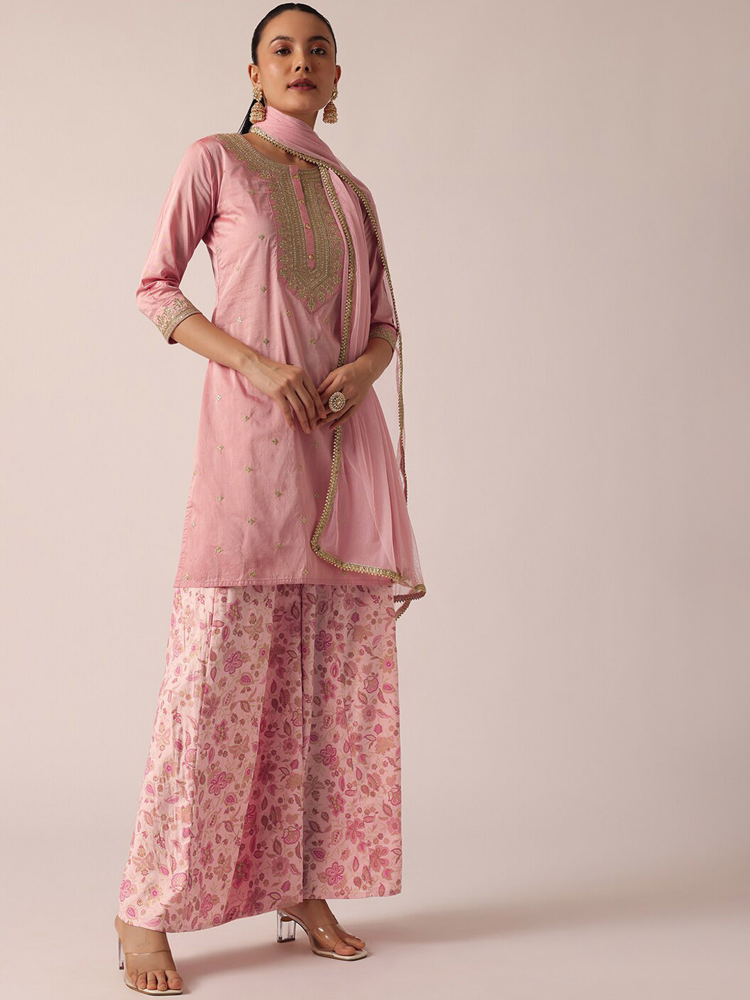

KALKI Fashion Ethnic Motifs Embroidered Sequinned Kurta With Palazzo & Dupatta, Pink