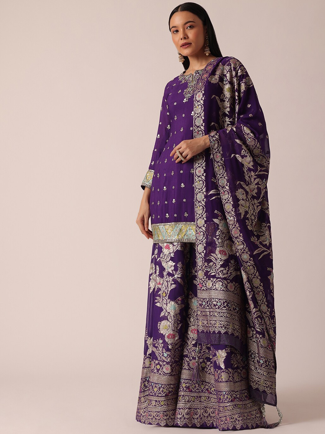 

KALKI Fashion Ethnic Motifs Embroidered Regular Sequinned Kurti With Palazzos & Dupatta, Purple