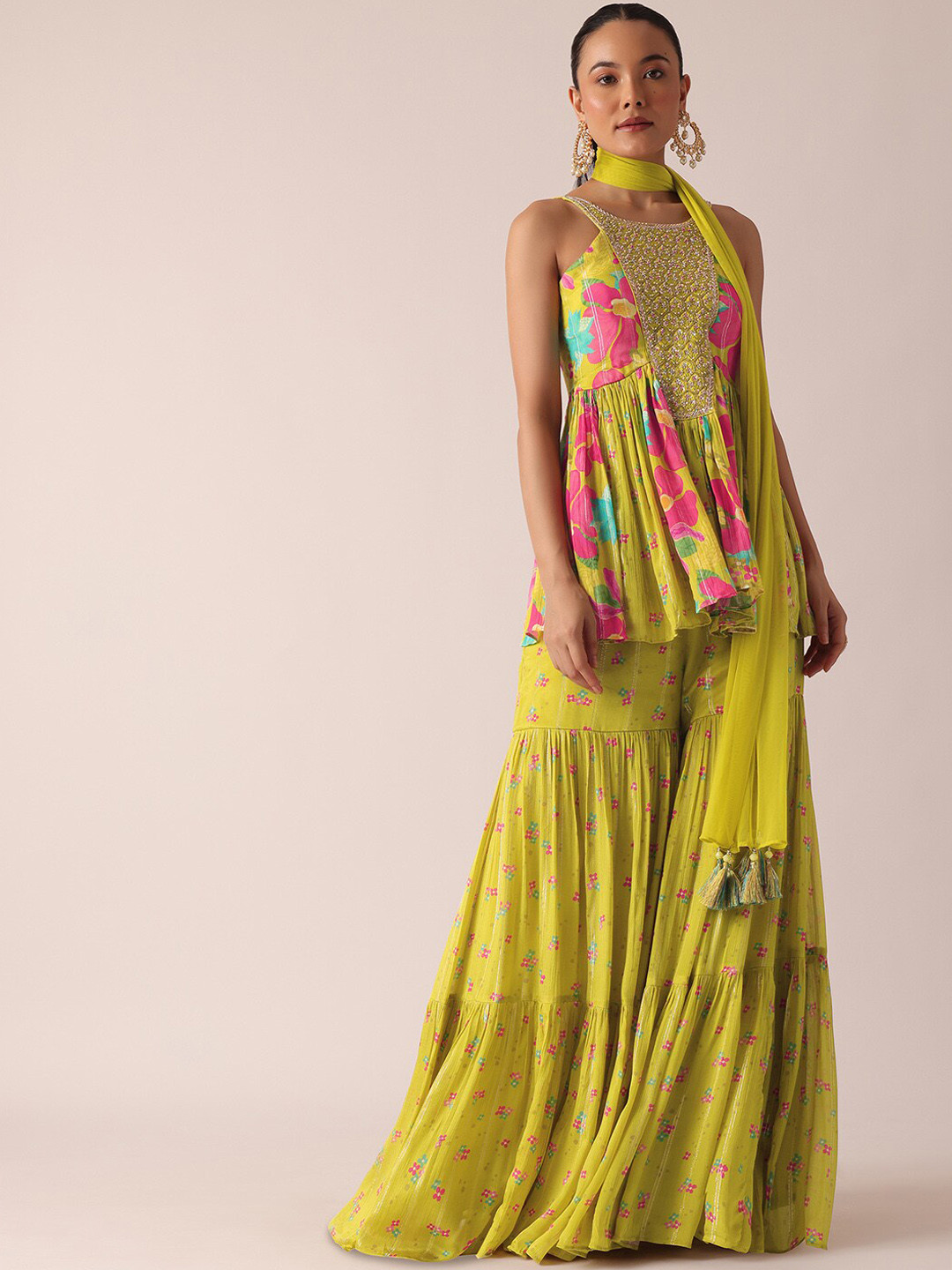 

KALKI Fashion Floral Printed Beads & Stones A-Line Kurti & Sharara With Dupatta, Green