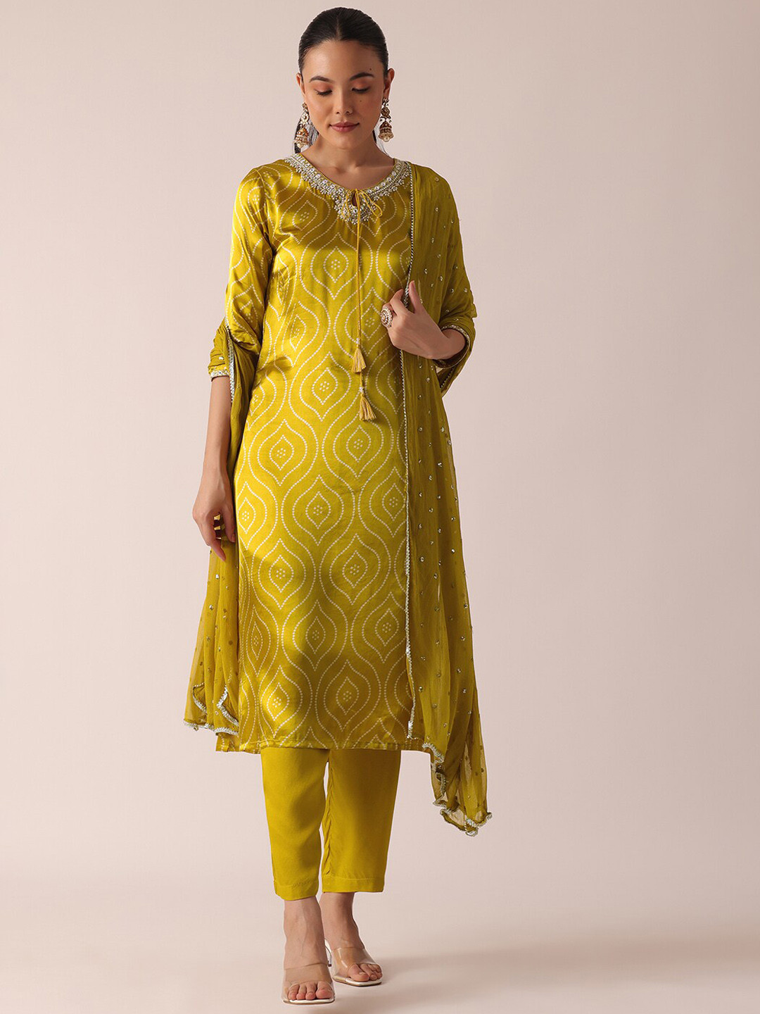 

KALKI Fashion Bandhani Printed Straight Satin Kurta With Trouser & Dupatta, Yellow