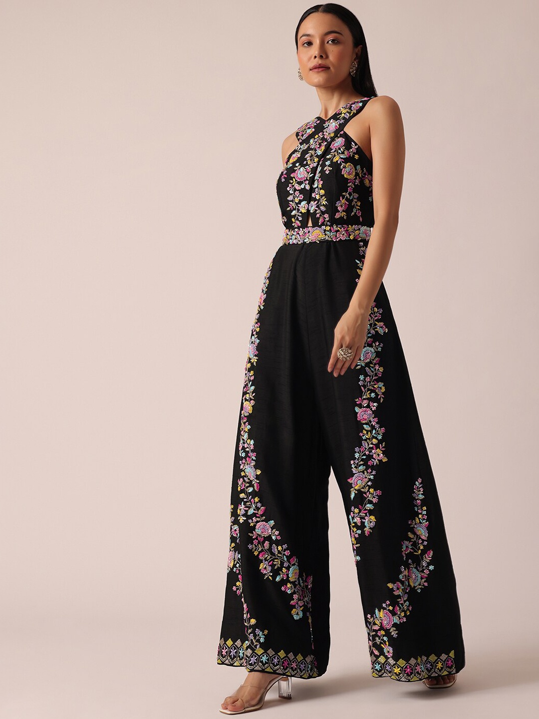

KALKI Fashion Floral Embroidered Sleeveless Basic Jumpsuit, Black