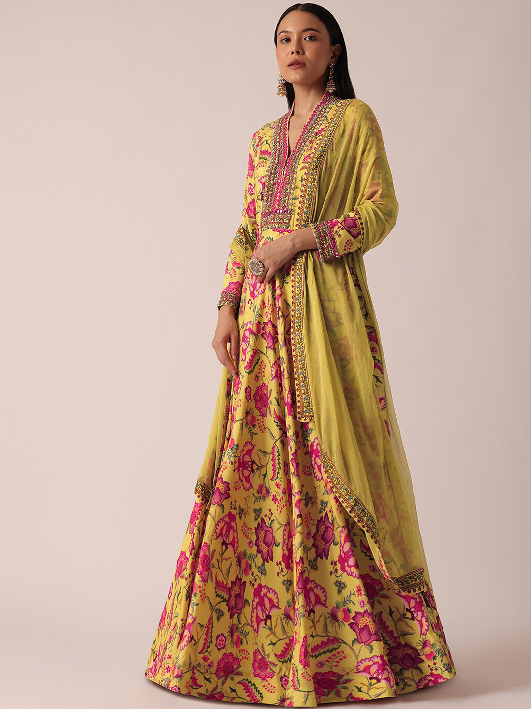 

KALKI Fashion Floral Printed Mirror Work Silk Fit and Flare Maxi Ethnic Dress With Dupatta, Yellow