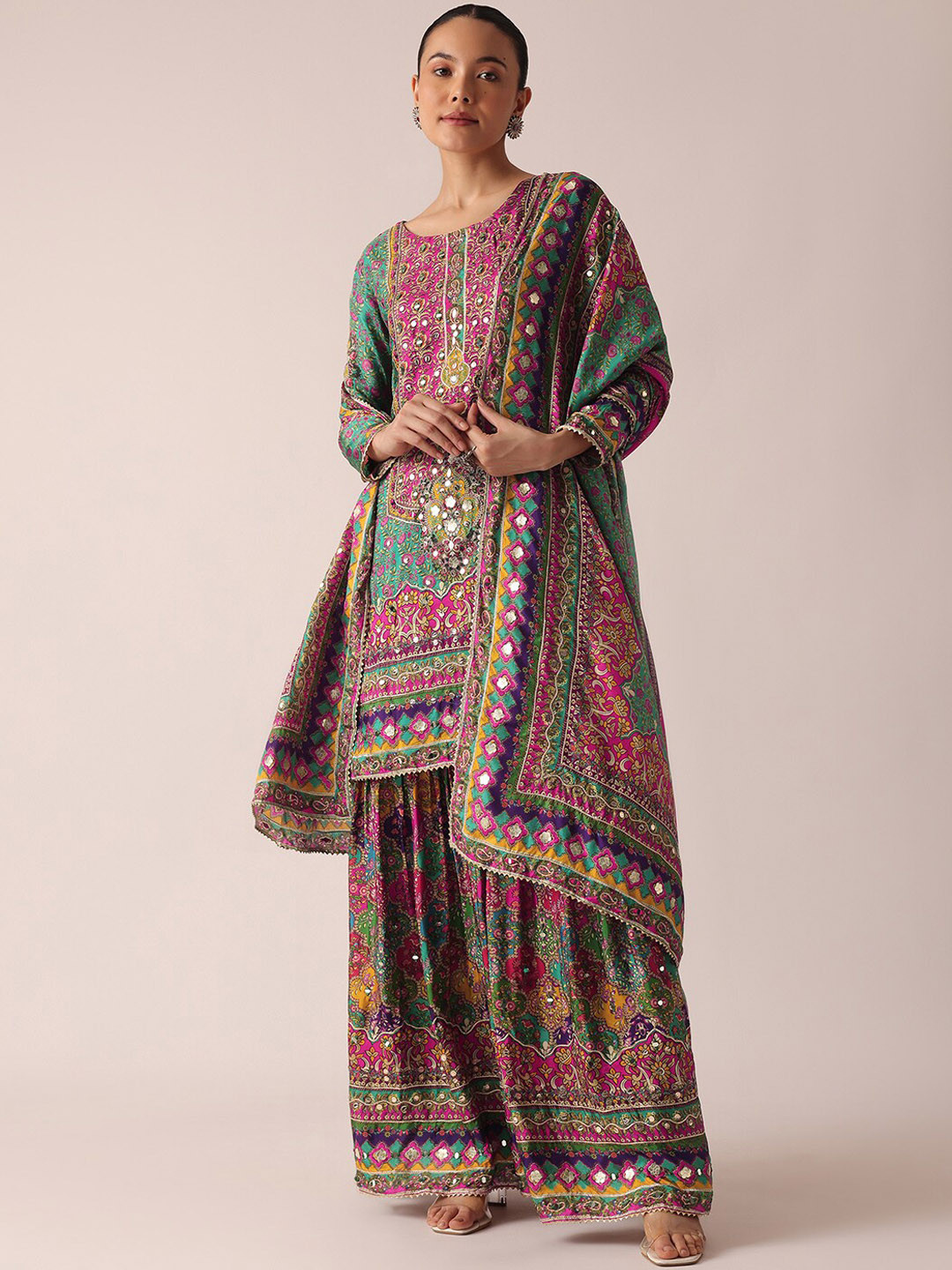 

KALKI Fashion Ethnic Motifs Printed Mirror Work Kurta With Sharara & Dupatta, Green
