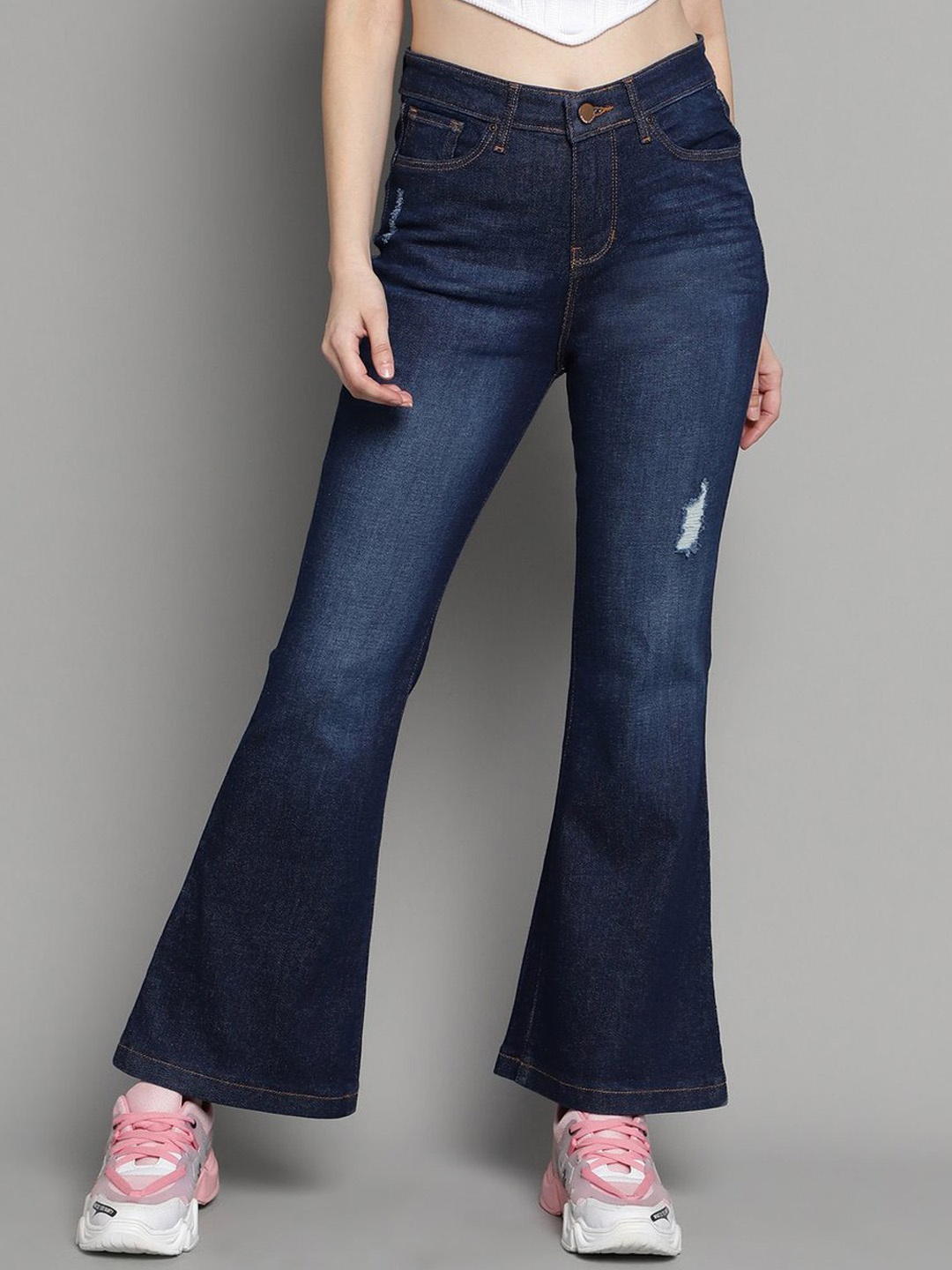 Xpose Women Comfort Flared High-Rise Low Distress Stretchable Jeans, Navy blue